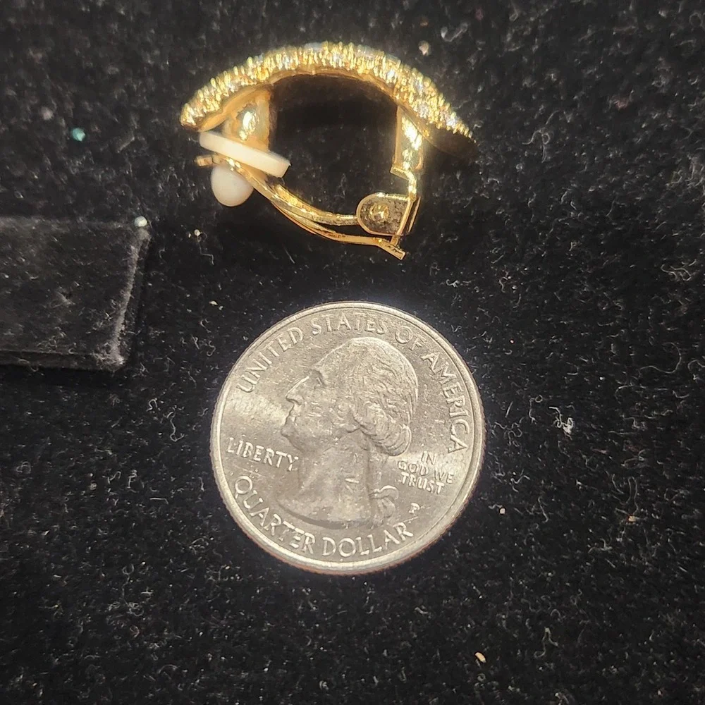 Gold Tone Pave Rhinestone Clip On Earrings Vintage Style Scalloped J Hoop